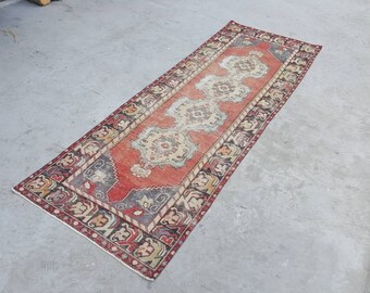 Red Turkish Runner Rug 3x9.7 ft Oushak Runner Rug Anatolian Runner Rug Boho Rug Runner Vintage Rug Runner