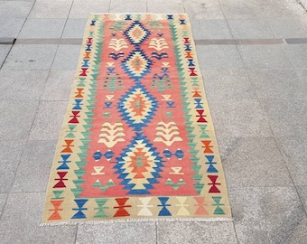 Rode Tribal Turkse Kilim Runner 3.4x7.10 ft - Anatolische wol Kilim Runner Rug - Vintage Turkse Long Runner Rug - Boho Runner Rug0