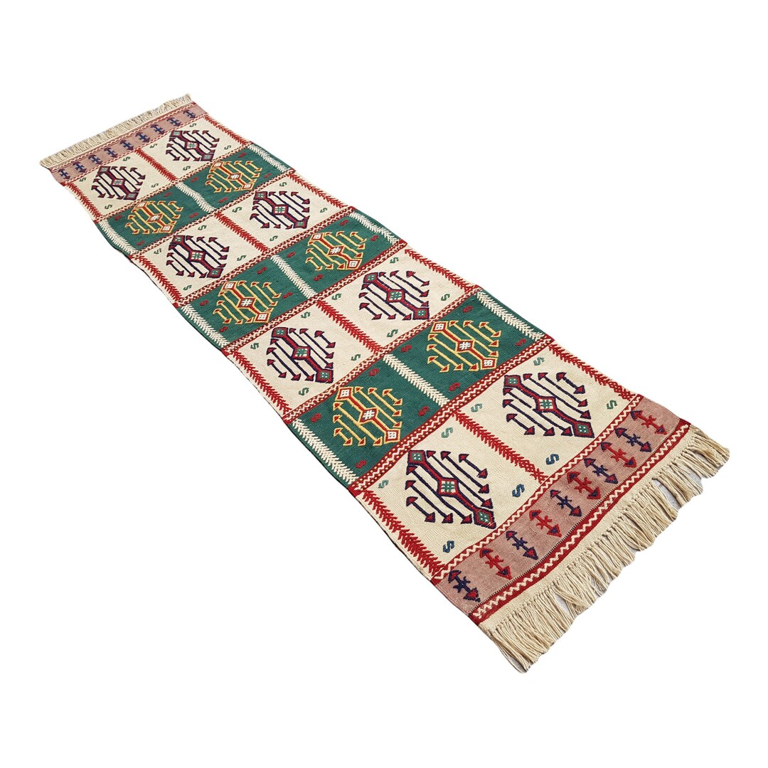 8' Emerald Green Boho Anatolian Kilim Runner Rug, Turkish Kilim Runner