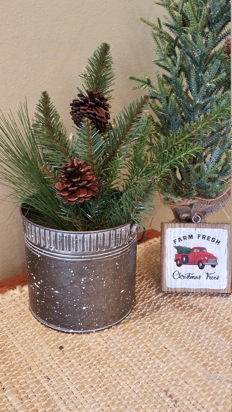 Red Truck Decor Farmhouse Christmas Red Truck Farmhouse Decor Metal Bucket Metal Pail Country, Christmas Farmhouse
