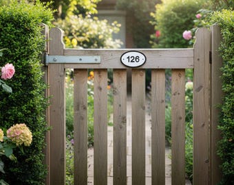Può includere: Un cancello da giardino in legno con doghe verticali e una parte superiore decorativa. Il cancello presenta un cartello ovale in bianco e nero con il numero 126. Siepi verdi e rose rosa incorniciano il cancello.