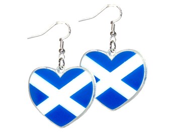 Scottish Saltire Heart Earrings, Scotland Cross St Andrew Dangles, St Andrews Day Jewellery,  Scottish Gift, Rugby Fan Gear, Hand Made.