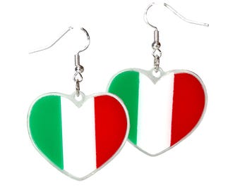 Italian Flag Heart Earrings, Italy Tricolore Dangles, Sterling Silver Italian Pride Gift, Six Nations Rugby Azzurri Fan Accessories