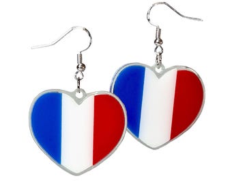 French Flag Heart Earrings, France Tricolour Dangles, Bastille Day Jewellery,  French Heritage Gift, Rugby Fan Gear, Hand made.
