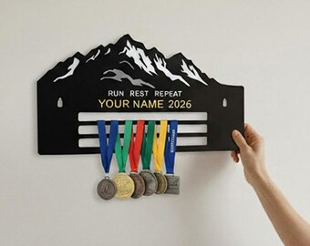 Personalised Running Medal Holder with Name & Year | Custom Runner's Medal Display | 'Run Rest Repeat' Gift | Marathon Finisher Rack