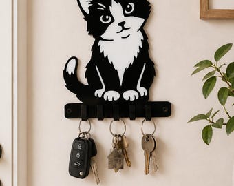 Cat Key Holder Wall Mount, Handmade Tuxedo Kitten Keyring Hanger, Inlaid Acrylic Key Rack, Cute Housewarming Gift for Cat Lovers