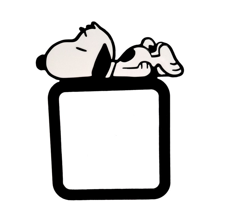 May include: Black and white illustration of a cartoon dog laying down on top of a black square frame.