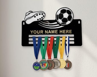 Personalised Football Medal Display Rack Kids Sports Medal Holder Custom Name & Year Children's Bedroom Sports Medal Display Rack.