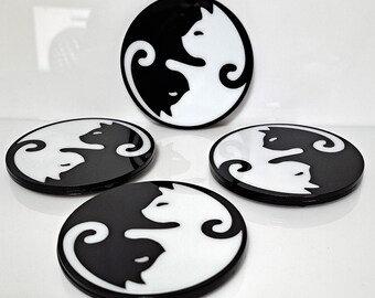 Yin Yang Cats Drinks Coaster Round Non-Slip Waterproof with Rubber Feet