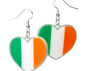 Irish Flag Heart Earrings, Ireland Tricolour Dangles, St Patricks Day Jewellery,  Irish Heritage Gift, GAA Rugby Fan Gear