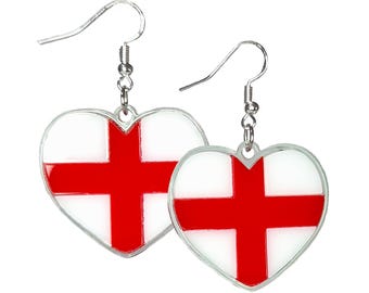 England St George Heart Earrings, Red Cross Flag Dangles, St Georges Day Jewellery,  English Pride Gift, Rugby Football Fan Gear, Hand Made.