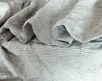 Linen blanket.Pale Blue stripe/Natural background.Linen sofa cover.Linen bedspread.Linen sofa throw .Striped bed cover.