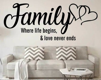 Pegatina de pared con frase "Family Love Heart Quote" (Amor familiar, corazón, cita), arte para el hogar, calcomanía para el gimnasio familiar
