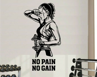 Pegatina de pared para gimnasio, diseño de chica sin dolor y ganancia, inspiración para fitness y boxeo.