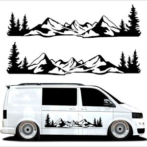 May include: Black mountain and pine tree decals. Two sets of mountain and tree decals are shown above a white van with a matching decal on the side. The decals are a simple, clean design.