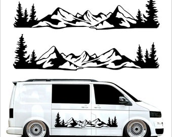 2 pegatinas de vinilo con diseño de árboles y montañas para coche, caravana, furgoneta y bosque nevado.