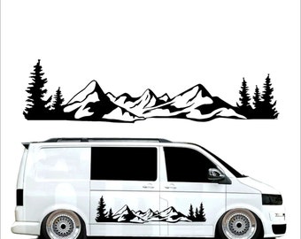 Pegatinas de vinilo con diseño de árboles y montañas para coches, caravanas y furgonetas nevadas.