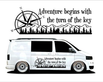 Compass Mountain Range Adventure starts with turn of the key vinyl sticker graphics decal van Motorhome forest trees large