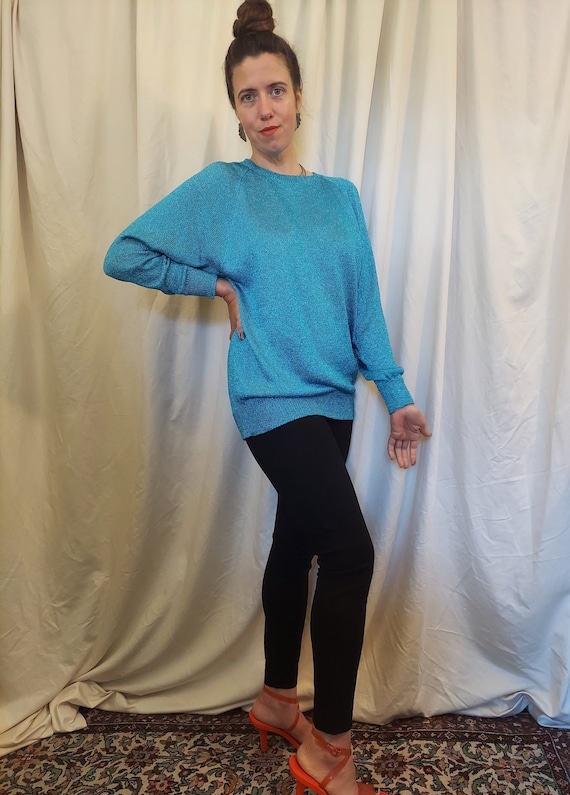 Shimmery Blue Oversized Knit Crew Sweater French R