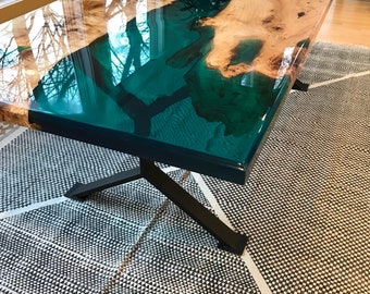 Turquoise resin river dining table