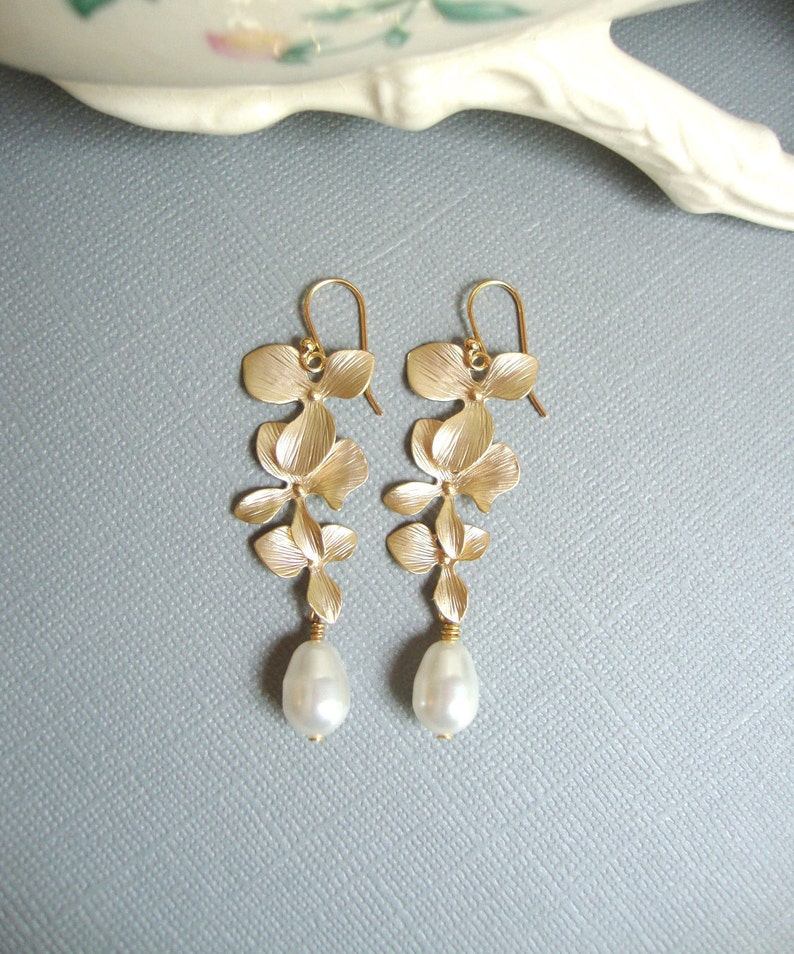 Matte Gold Orchids and Swarovski Pearls Dangle Earrings. Bridal ...