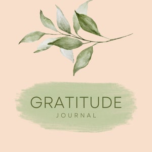 Può includere: Un'illustrazione ad acquerello verde di un ramo frondoso con il testo "GRATITUDE JOURNAL" su uno sfondo ad acquerello verde.