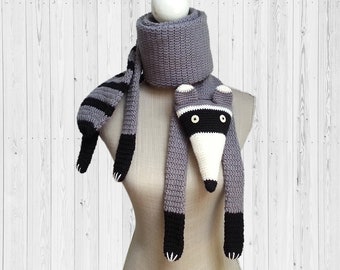 Bufanda de ganchillo de mapache ecológica | chal de crochet gris | bufanda de lana gruesa | taxidermia falsa