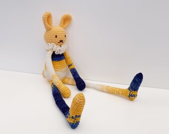 Doudou lapin au crochet jaune écologique | doudou longues pattes | pièce unique | cadeau naissance | cadeau bébé fille et garçon