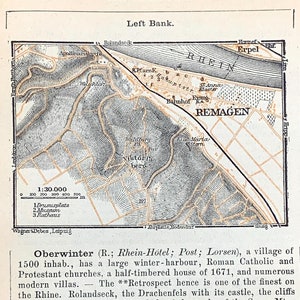 Antieke Remagen, Duitsland-kaart uit 1911 uit Baedekers Guide Atlas - Rijnland-Palts, Ahrweiler, operatie houthakker, Ludendorff-brug