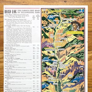 Antique Yellowstone National Park, Wyoming 1920's Edward T. Grigware Illustration Tourist Map - Cody Road, Old Faithful, Shoshone Forest, WY