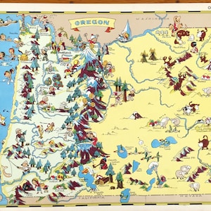 May include: A vintage illustrated map of Oregon with cartoon characters and landmarks. The map is on a white background with a yellow border. The title "Oregon" is in a red banner at the top of the map. The map includes the Pacific Ocean, the Columbia River, and the Cascade Mountains. The map also includes various cities and towns, including Portland, Eugene, Salem, and Medford.