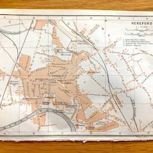 Antique 1906 Hereford, England Map from Baedekers Atlas of Great Britain – Wales, River Wye, Chepstow, Monmouth, River Severn, Tinturn, UK