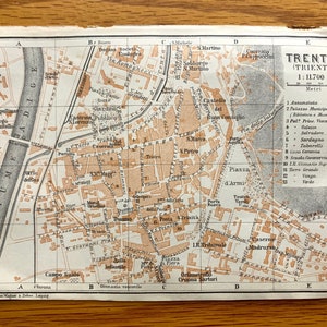 Antigüedad 1913 Trento, Italia Mapa de Baedekers Guide – Tirol, Río Adige, Solteri, Melta, Gardolo, Cazuffi-Rella, Bernardino, Trient