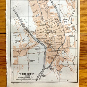 Antieke 1906 Worcester, Engeland Kaart van Baedekers Atlas van Groot-Brittannië – Worcestershire, Barbourne, Arboretum, St Johns, Henwick, Severn