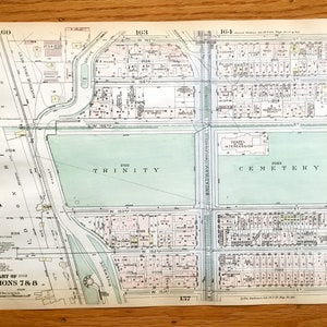Mapa antiguo de Manhattan, Nueva York del libro Manhattan Land Book de 1925 de Bromley - Harlem Hamilton Washington Heights Riverside Trinity Cemetery
