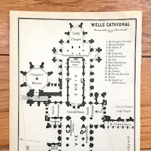 Antique 1927 Wells Cathedral Architectural Plan from Baedekers Atlas of Great Britain – Somerset, England, Mendip, Bishops Palace, Woodbury