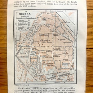Antigüedad 1913 Novara, Italia Mapa de Baedekers Guide – Piamonte, Milán, Turín, Río Agogna Terdoppio, muralla romana, catedral, ciudad medieval