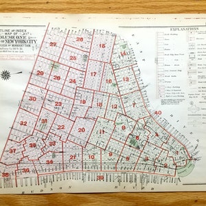 Antique Manhattan, New York Index Page Map from Bromley's 1925 Manhattan Land Book – Battery Park, 14th Street, Financial District, Downtown