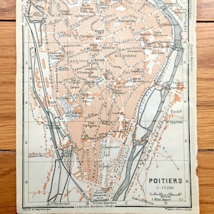 Antique 1914 Poitiers, Francia Mapa de Baedekers Guide Atlas – Iglesia románica Eglise Notre-Dame la Grande, Clain River, departamento de Vienne
