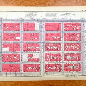 Antique Manhattan, New York Mappa dal Manhattan Land Book di Bromley del 1934 - Midtown, Murray Hill, Turtle Bay, Midtown East, Tudor City, NY NYC