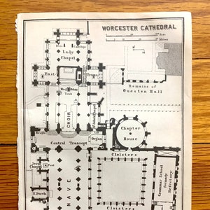Antiker 1906 Worcester Cathedral Architektonischer Plan von Baedekers Atlas of Great Britain – Worcestershire, West Midlands, Minster, UK