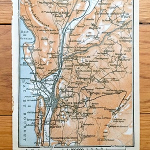 Antiguo 1914 Aix Les Bains, Francia Mapa de Baedekers Guía Atlas – Lago Bourge, Saboya, Brison, Albens, Mouxy, Marlioz, Tresserve, Mognard