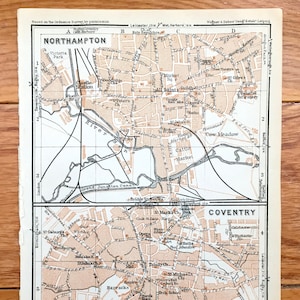 Antike 1927 Northampton & Coventry, England Karte von Baedekers Atlas of Great Britain – Midlands, Northamptonshire, Warwickshire, Spon End