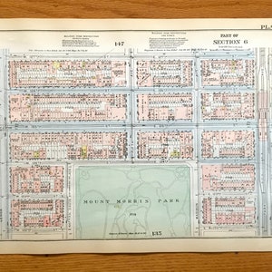 Antique Manhattan, New York City Map from Bromley's 1925 Manhattan Land Book – East Harlem, Marcus Garvey Park, Mount Morris Park, NYC NY