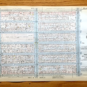 Mappa antica di Manhattan, New York dal Manhattan Land Book di Bromley del 1925 - Midtown, quartiere dei teatri Rockefeller Center Turtle Bay Radio City