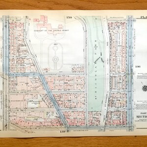 Antique Manhattan, New York City Map from Bromley's 1925 Manhattan Land Book – Manhattanville, Hamilton Heights St Nicholas Park CUNY Harlem