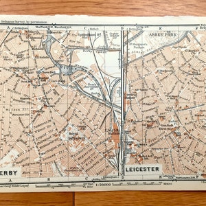 Antik 1927 Derby & Leicester, England Karte von Baedekers Atlas von Großbritannien – Derbyshire, East Midlands, River Derwent, Eagle Centre