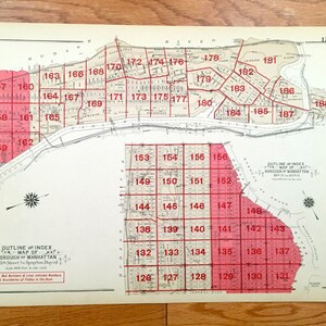 Antique Manhattan, New York Index Page Map dal Manhattan Land Book di Bromley del 1934 – 59th St a 110th St / 110th St a Spuyten Duyvil NY NYC