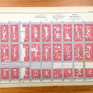 Mapa antiguo de Manhattan, Nueva York del Manhattan Land Book de Bromley de 1934 - Lower East Side, Chinatown, Bowery Mei Hua Williamsburg Bridge NYC