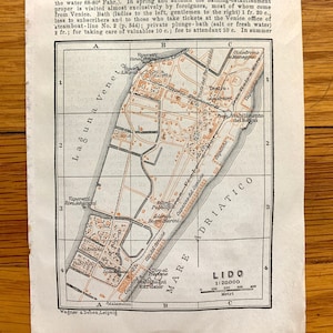 Antyczny 1913 Lido di Venezia, Włochy Mapa z przewodnika Baedekers – Wenecja, Veneto, Canal Grande, San Marco, Laguna, San Maggiore Lido-Pellestrina
